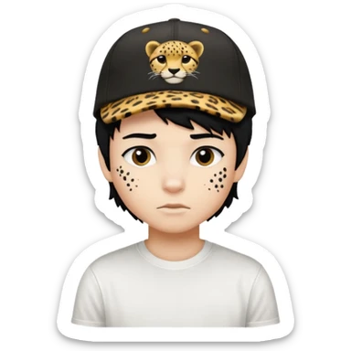 Boy with black hair and a cap that has the phrase #jimmy written on it with cheetah print texture, and white shirt emoji emo sticker