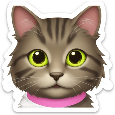 Fluffy dark brown tabby pink collar with lime eyes sticker