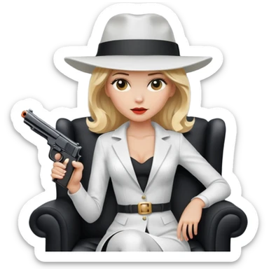Mafia blondes Evil woman in hat , gun ,black armchair , white costume  sticker