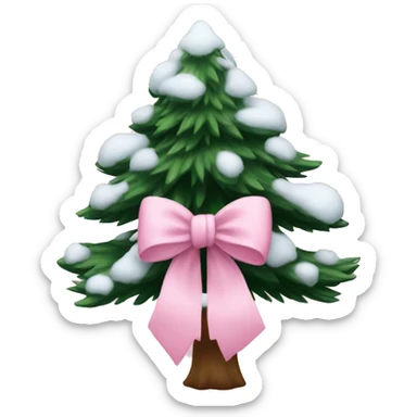 a pine tree with snow and a light pink bow sticker