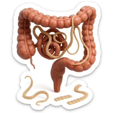 hyperrealistic detailed 3D view of human intestine with tapeworm parasites, some tapeworm segments in foreground, realistic colors, 4K, isolated on white background sticker