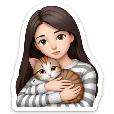 a girl with long dark brown hair, in a
white sweater and brown eyes, hugs a tabby
grey and white strips one cat.  sticker