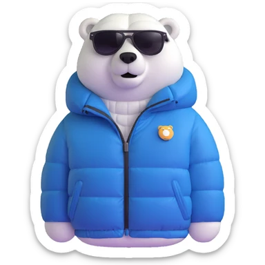 polar bear wearing a white puffer jacket and sunglasses  sticker