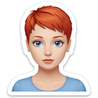 27 year old white woman, red hair, pixie cut, blue eyes sticker