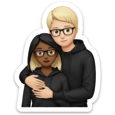Joven de pelo rubio corto y piel blanca con lentes con poleron negedro abrazando por detrás a una joven de pelo negro largo con partidura al medio, de piel oscura con sus manos en los brazos del joven aceptand su abrazoemoji sticker