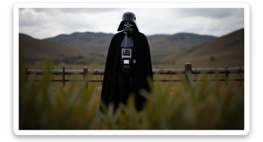 A portrait of a Darth vader in the foreground, blurred plants in the foreground (close to the camera), a wooden fence in the midground, rolling hills in the background, cinematic depth of field, layered composition, natural lighting sticker