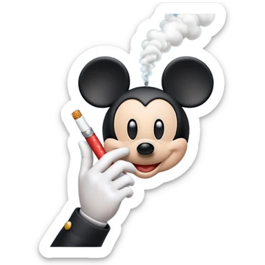 Mickey Mouse style white glove hand holding a cigarette with visible smoke, Apple emoji style sticker