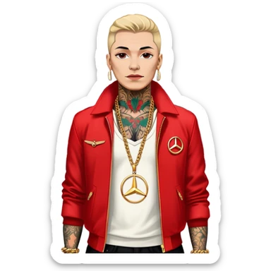 Icon for Chanson: Russian chanson singers with tattoos, red jackets, and gold chains, standing in front of a Mercedes. The design should capture the bold and stylish essence of the genre with a vibrant, urban background. Transparent background. sticker