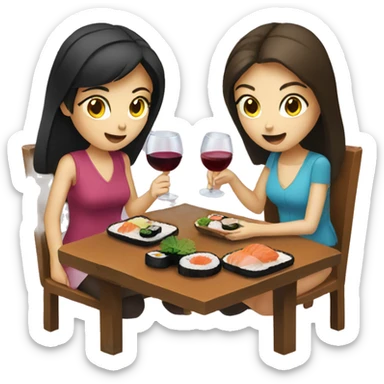 two brunette girls eating sushi and drinking wine  sticker