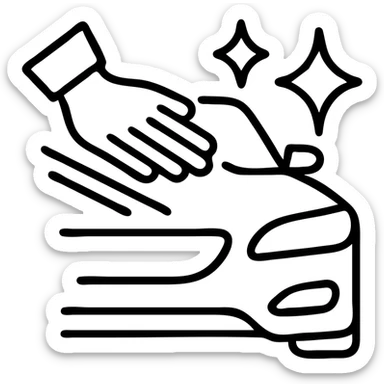 outlined icon of an elegant hand with white glove on the hood of a premium car, drops or shine, clean lines, black and silver, smooth motion lines for cleaning, modern look sticker