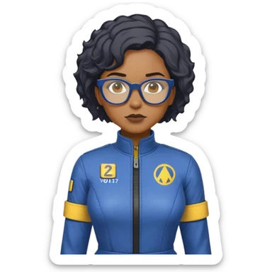 stern Black woman with short textured hair, glasses, wearing blue Fallout Vault jumpsuit with yellow trim and number on back, minimalist sticker