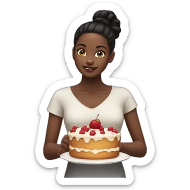 A black girl, black hair in a bun, eat cake without fruits sticker