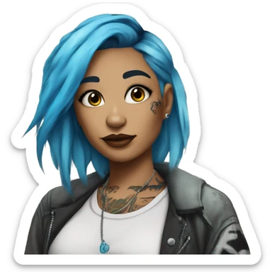 Lady wearing trendy graffiti street clothes with hair with highlights and a blue dyed hair streak and tattoos sticker