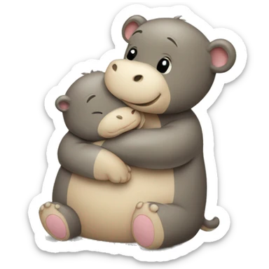 tan teddy bear hugging a baby hippo sticker