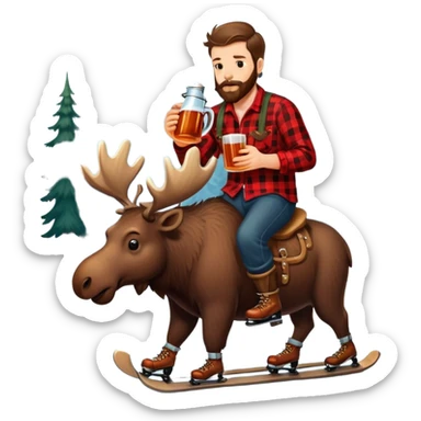 Canadian lumberjack man wearing red and black flannel shirt, drinking from a jug of maple syrup, and wearing ice skates, while riding on a moose sticker