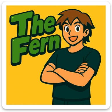 Make the anime man cross his arms while standing in front of the green bubble letters that say 'The Fern'. He should still have a black t-shirt, no jacket, medium-length brown hair, and an expressive anime face. Keep the vibrant, cartoonish, eye-catching vibe in Vibrant Toon style. sticker