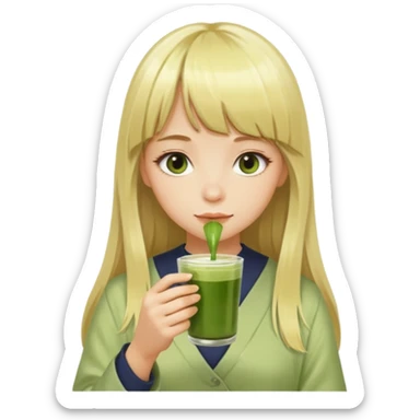 a girl have long blonde hair with bangs drinking matcha sticker