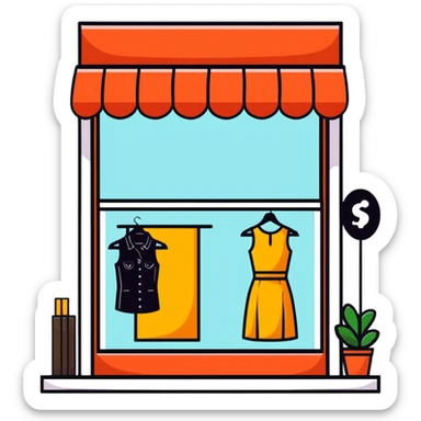 Boutique shop window with price tags and fashion items sticker