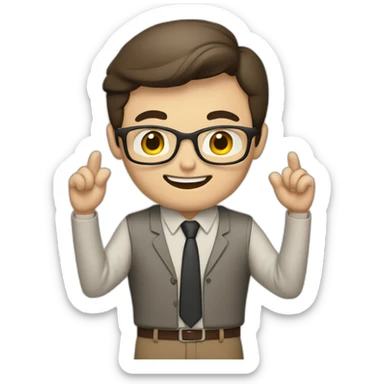 To belt Actively gesturing with hands Pale skinned fit man teacher with dark brown hair in gray jacket, beige office shirt, brown tie, brown pants and vintage glasses. sticker