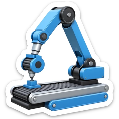 robot arm which is picking blue block on conveyor belt sticker
