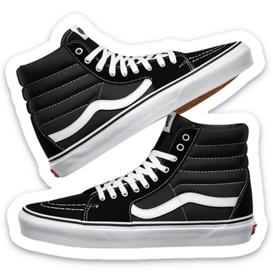 Pair of black Vans Sk8-Hi high top sneakers with white stripe, one positioned behind the other, showing the signature side stripe, black canvas and suede sticker