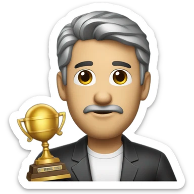 television game show host, lost in thought, holding a trophy sticker