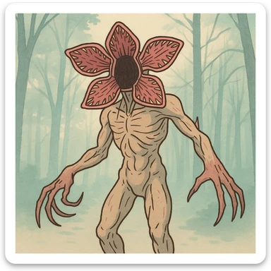 Recreate the Demogorgon inspired by the reference photo, with a simple and delicate line style, colored in lighter pastel tones, with very thick and dark outlines, in Ghibli style, square format 1:1. sticker