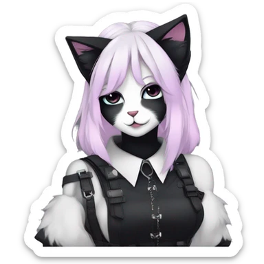 Gorgeous furry gothic dark techwear anime style anthro black cat fursona with blushing face aesthetic and pretty edgy black with collar and harness trending style sticker