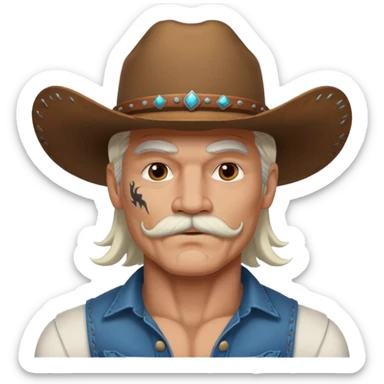muscular tattooed on face and mustached cowboy long white hair  sticker