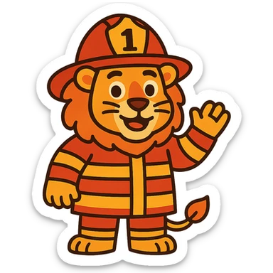 lion in firefighter uniform with helmet, friendly expression sticker