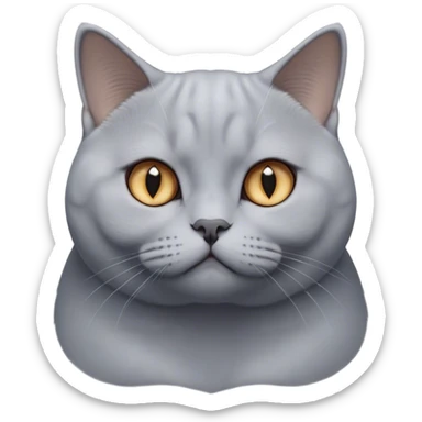 Cinematic Elegant Grey British Shorthair Cat Portrait Emoji, Head tilted slightly with a scrunched, iconic British Shorthair face, sleek soft grey fur with subtle blue undertones, Simplified yet sharp features, highly detailed, glowing with a warm, confident glow, high shine, poised and regal, stylized with an air of grace, focused and attentive, soft glowing outline, capturing the essence of calm elegance and quiet charm, so lifelike it feels as though it could turn its head and give a dignified meow at any moment! sticker
