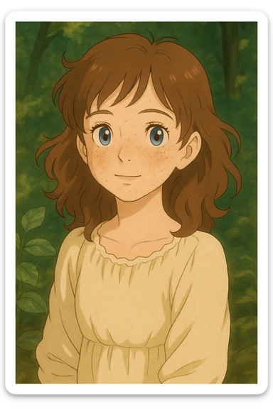 Add subtle freckles to her cheeks, preserving the ghibli-inspired style. sticker