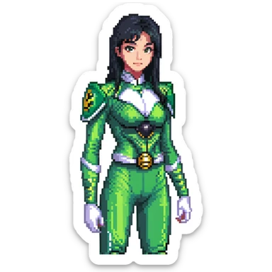 wasian girl in a green Power Ranger suit, black straight hair, black eyes sticker
