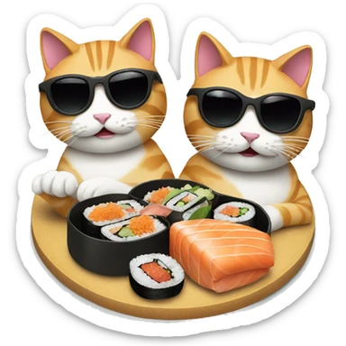 two cats wearing sunglasses eating sushi sticker