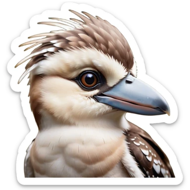 Cinematic Cute Kookaburra Portrait Emoji, Head tilted playfully and inquisitively, featuring a glossy brown plumage with subtle cream accents and a perky, expressive beak, round, sparkling eyes filled with curious mirth, Simplified yet irresistibly adorable features, highly detailed, glowing with a warm, friendly glow, high shine, affectionate and spirited, stylized with a touch of bushland whimsy, bright and endearing, soft glowing outline, capturing the essence of a mischievous yet loving kookaburra, so playful it feels like it could chuckle out of the screen into your arms! sticker