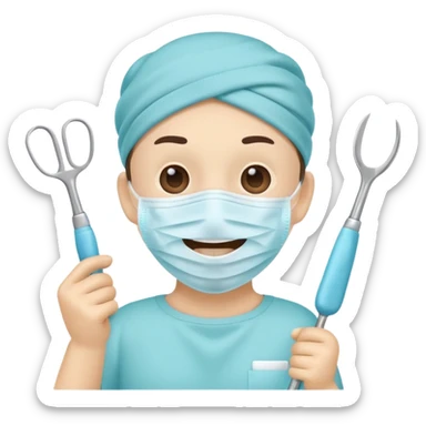 Cute tooth character wearing a face mask, holding dental tools, friendly and clean emoji style, flat illustration, simple design, white background. sticker