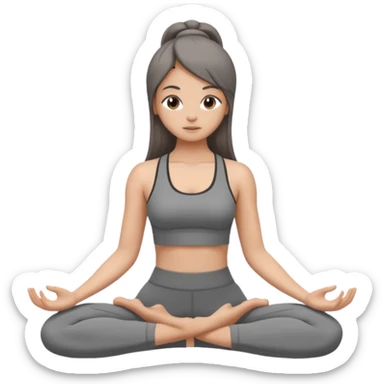 a girl doing yoga, she is wearing a grey fit and she has dark straight and loose hair.  sticker