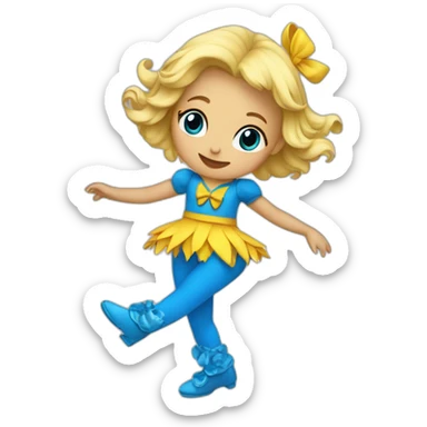 little blonde girl dancing in a blue bird costume sticker