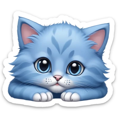 The head of a blue kitten with large eyes, resting on its big paws. Minimalist design with no detailed features, focusing on the kitten's adorable face and large paws. sticker