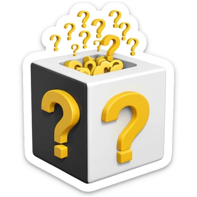 white cube shaped box printed with "q&a" over stuffed with yellow question marks sticker