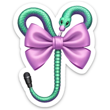 A pastel pink bow with a pastel green snake on the top of one side and a pastel purple microphone on the bottom of the other side sticker