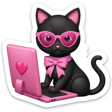 Black cat with pink ribbon and sunglasses doing pink computer with pink heart sticker