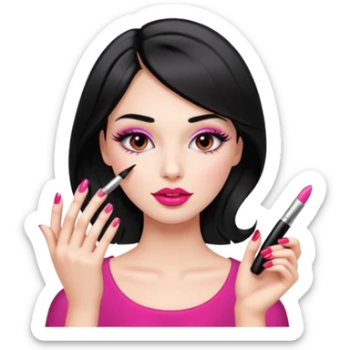 Girl doing make up with glossy nails and eyelashes sticker