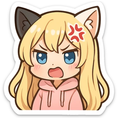 extra cute, extra chibi anime catgirl Twitch emote, one black cat ear and one white cat ear, blonde extremely long hair, blue eyes, white skin, pastel pink hoodie, angry expression, no background sticker