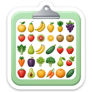 Emoji of checklist with healthy food icons, nutrition planning, flat minimal emoji, pastel colors sticker