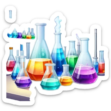 A set of colorful growing crystals in various stages of development, surrounded by beakers and jars with chemical solutions. Light shining on the crystals creates a dazzling glow. Background of a clean, well-lit workspace with scientific tools and equipment. Transparent background. sticker