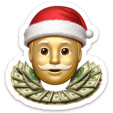 A confident rich emoji face wearing a Santa hat, money stacks, casino vibe, New Year theme, premium 3D emoji style, sharp details, no text, isolated on transparent background sticker