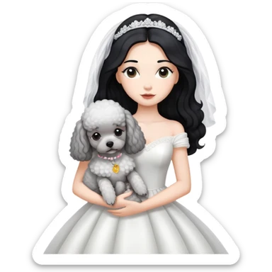 A beautiful girl with long black hair in a wedding dress holds a small gray poodle sticker
