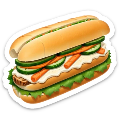 traditional banh mi with char grilled pork emoji 


    Very crusty baguette

    Mayo 

    Pickled carrot 

    Cucumber, coriander/cilantro, green onion, chilli 
 sticker