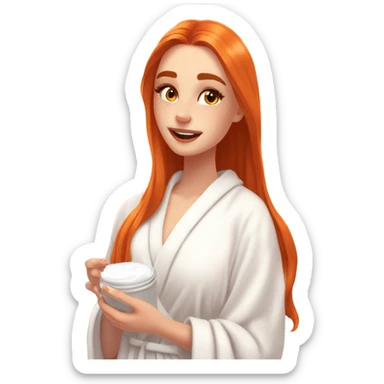 Girl putting cream on face bathroom red orange hair orange brown eyes beautiful face thick eyelashes pink lips gorgeous skinny fair skin white aesthetic tall girl doing skincare cozy robe hair in white towel sticker